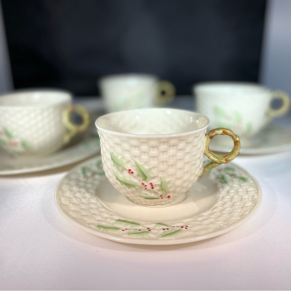 BELLEEK Enchanted Holly Cup & Saucer, set of 4 Vintage excellent condition.